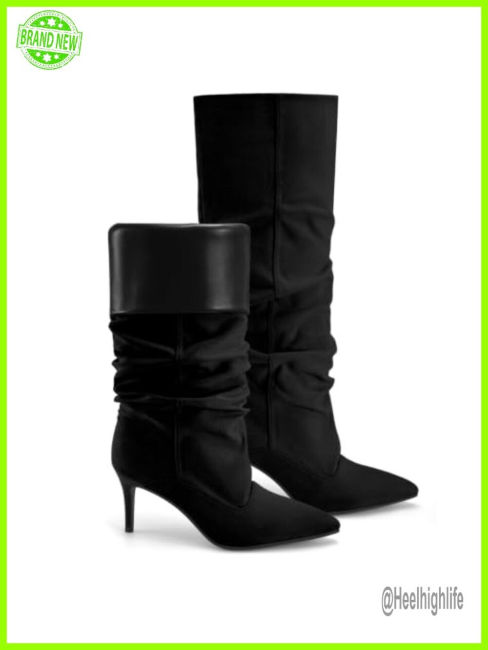 Fold Over Slouch Stiletto Heel Pull On Knee High Boots Pointed Toe Suede